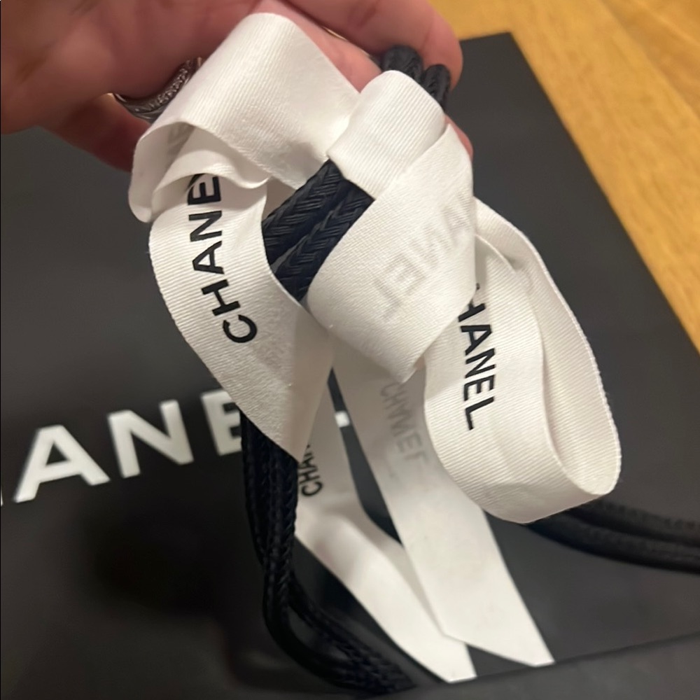 CHANEL Black Shopping Bags with White Camellia Logo and Ribbon - Picture 3 of 7